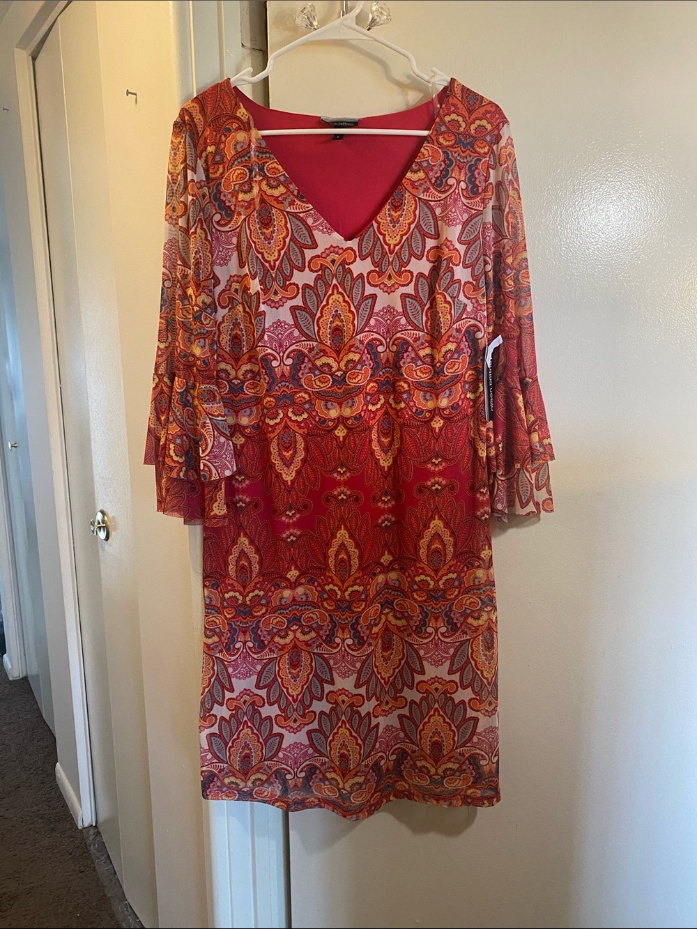 Allison Brittney Red Paisley V-Neck Bell Sleeve Dress